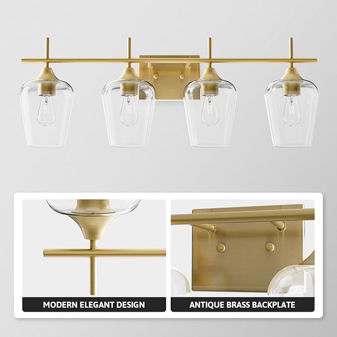 VONLUCE 4 Light Bathroom Vanity Light Fixture,Brushed Gold | Wine Glass Shades, E26 Sockets, Easy to install, Vanity Lights for Bathroom Bedroom Hallway Living Room