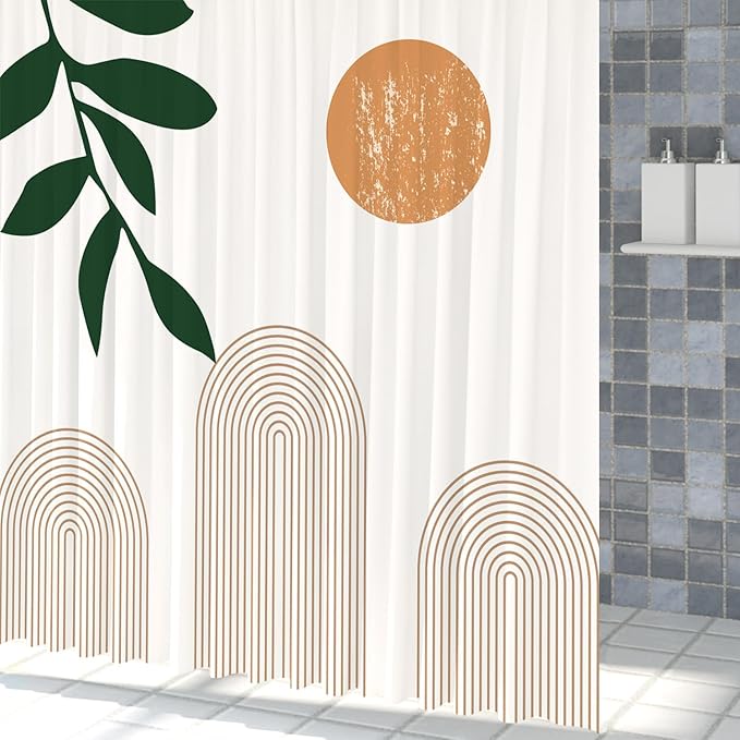 Boho Mid Century Shower Curtain Abstact Arch Sun Leaves Modern Minimalist Geometric Plant Aesthetic Shower Curtains Polyester Fabric Bathroom Decoration Curtain with Hooks 48x72 inch