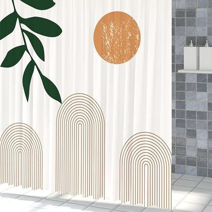 Boho Mid Century Shower Curtain Abstact Arch Sun Leaves Modern Minimalist Geometric Plant Aesthetic Shower Curtains Polyester Fabric Bathroom Decoration Curtain with Hooks 72x78 inch