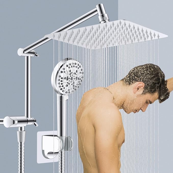 Metal 10" Rain Shower Head with Handheld, High-Pressure Showerhead,10-Mode | Chrome, Rainfall Shower Head with 5" Large Handheld Spray, Adjustable 16" Shower Extension Arm/71" Hose, Brass 3-Way Diverter