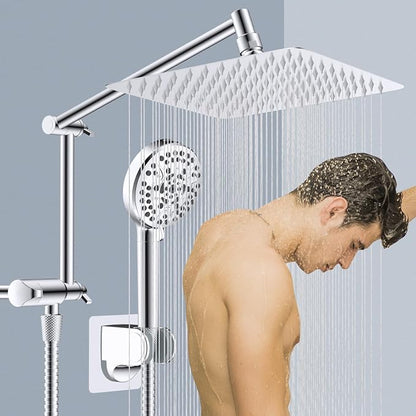 Metal 10" Rain Shower Head with Handheld, High-Pressure Showerhead,10-Mode | Chrome, Rainfall Shower Head with 5" Large Handheld Spray, Adjustable 16" Shower Extension Arm/71" Hose, Brass 3-Way Diverter