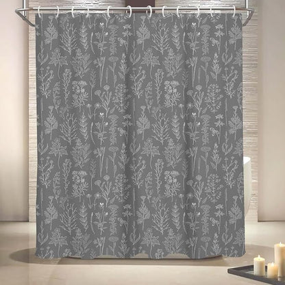 Coxila Vintage Floral Shower Curtain Gray Grey Retro Flower White Rustic Country Plant Botanical Cute Spring Boho Mens Elegant Antique Cottagecore Bathroom 60 x 72 Inch Polyester Fabric 12 Pack Hooks