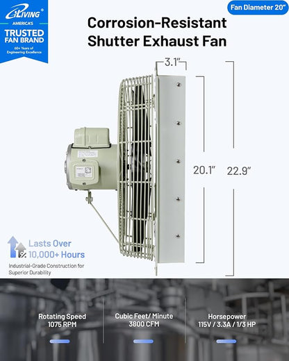 iLiving 20-Inch Corrosion Resistance Shutter Exhaust Fan, Single Speed