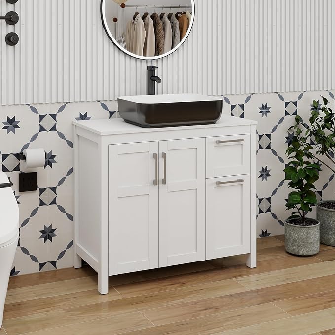 YOURLITE 36" Bathroom Vanity with Sink, White Bathroom Vanity and Sink Combo with Faucet & Pop Up Drain Set,Traditional Vanity with with White & Black Ceramic Sink