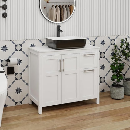 YOURLITE 36" Bathroom Vanity with Sink, White Bathroom Vanity and Sink Combo with Faucet & Pop Up Drain Set,Traditional Vanity with with White & Black Ceramic Sink