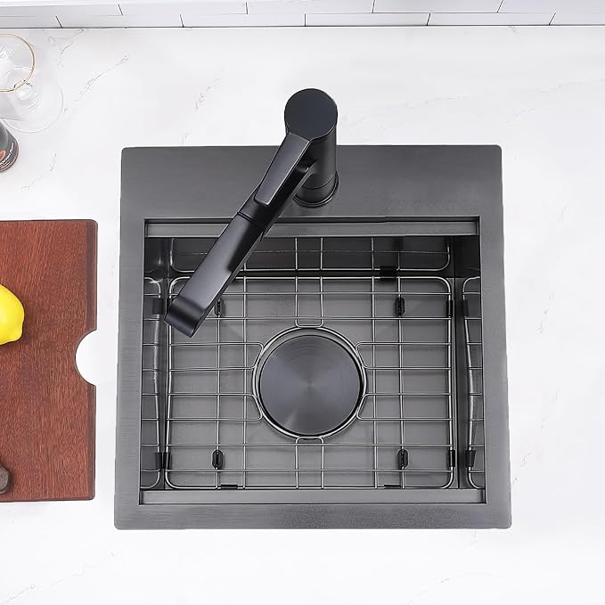 HOTIS 15 X 15 Inch Black Drop in Bar Sink, Black Bar Sink,Topmount RV Small Kitchen Sink, Outdoor Single Bowl Prep Sink with Dish Grid & Drain & Cutting Board
