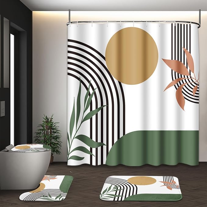 Bathroom Sets with Shower Curtain and Rugs, 4 Pcs, Boho Green | Minimalist Modern Abstract Bathroom Decor Set with Toilet Lid Cover, Non-Slip Bath Mats and 12 Hooks