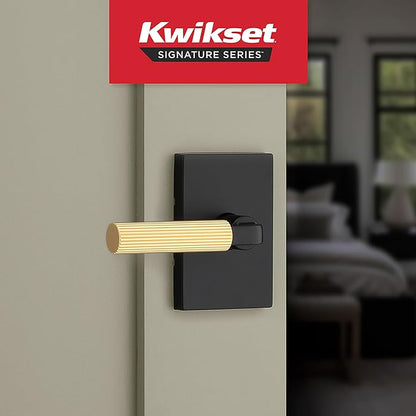 Kwikset Mirada Reeded Interior Privacy Door Handle with Lock, Handle for Bathroom and Bedroom, Matte Black Satin Brass, Reversible Keyless Push Button Lock, with Microban Protection