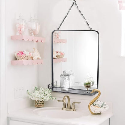 Stonebriar 21" x 16" Rectangle Black Metal Wall Mirror with Hanging Chain and Shelf, Decorative Industrial Decor for the Living Room, Bedroom, Bathroom, Hallway, and Entryway