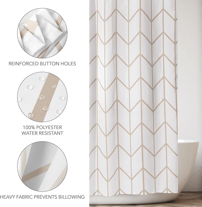 mDesign Fabric Geometric Shower Curtain - Herringbone Chevron Print with Reinforced Buttonholes for Master/Guest Bathroom - Machine Washable & Water Resistant Curtains - 72" x 72" - Beige/White