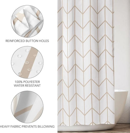 mDesign Fabric Geometric Shower Curtain - Herringbone Chevron Print with Reinforced Buttonholes for Master/Guest Bathroom - Machine Washable & Water Resistant Curtains - 72" x 72" - Beige/White