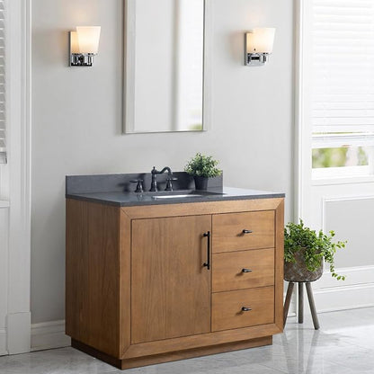 Vanity Art 42 inch Bathroom Vanity with Single Sink, Modern Wood Bath Vanity with Black Carrara Marble Top, Vanity Cabinet with Doors， Removable Shelf, Solid Wood, Ceramic Sink, Tan, VA7042B