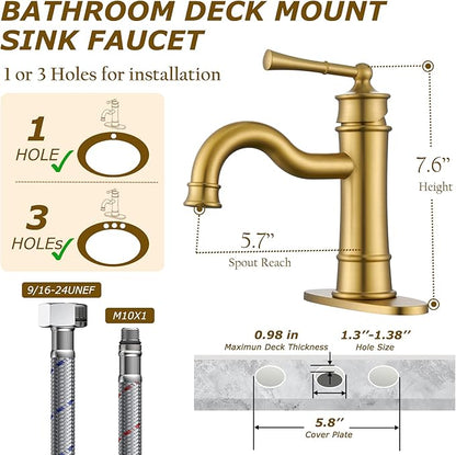 Roman Bathroom Sink Faucet Brushed Gold Single Hole Deck-Mount Pop-up Drain Assembly with Overflow Deck Plate and Water Supply Lines Included