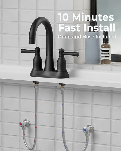 VXV Bathroom Sink Faucet 4 Inch 2 Handle Vintage Antique Lavatory Vanity Mixer Tap 360 Rotating with Pop-up Drain and Water Hoses Matte Black
