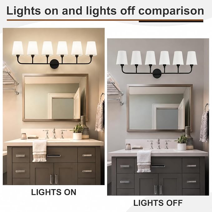 Bathroom Vanity Light, Matte Black Bathroom Lighting Fixtures Over Mirror | 6-Light Bathroom Light Fixtures with Flared White Fabric Shade, E26 Socket (ETL Listed)