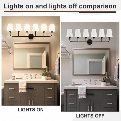 Bathroom Vanity Light, Matte Black Bathroom Lighting Fixtures Over Mirror | 6-Light Bathroom Light Fixtures with Flared White Fabric Shade, E26 Socket (ETL Listed)