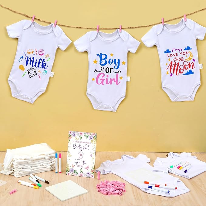 Panitay 126 Pcs Baby Shower DIY Bodysuit Set Bib 25 Blank White Newborn Bodysuit 25 Stencils 24 Marker 1 Sign 50 Pins(Butterfly)