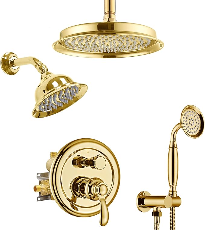 Dual Rain Shower Head System with Handheld Antique Faucet Set | Gold Finish, Multi-layer Plating, Vintage Rainfall, 3 Way Diverter Brass Valve with Trim Kit, Easy Install