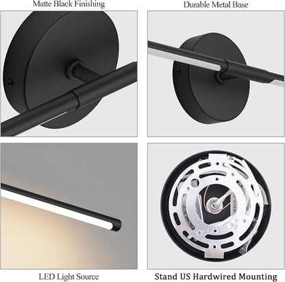 28In Black Wall Sconce Set of Two Hardwired 3000K LED Modern Wall Light Fixture 360° Rotatable for Living Room Hallway Bedroom(2 Pack)