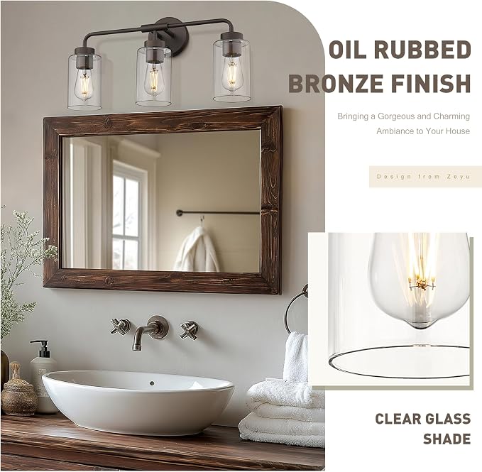 zeyu 22-Inch 3-Light Bathroom Light Fixtures with Clear Glass, ZS62B-3W ORB | Bathroom Lights Fixtures Over Mirror, Clear Glass Shades, 3 E26 Bulbs Up To 60W Each, Up/Down Mount, For Bathroom Mirror