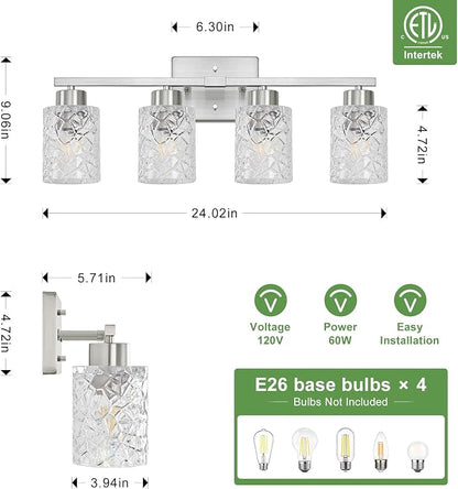 4-Light Bathroom Light Fixtures, Brushed Nickel Vanity Lights Over Mirror | Wall Sconces with Clear Textured Glass Shades for Living Room Bedroom Hallway,E26 Base (Bulbs Not Included)