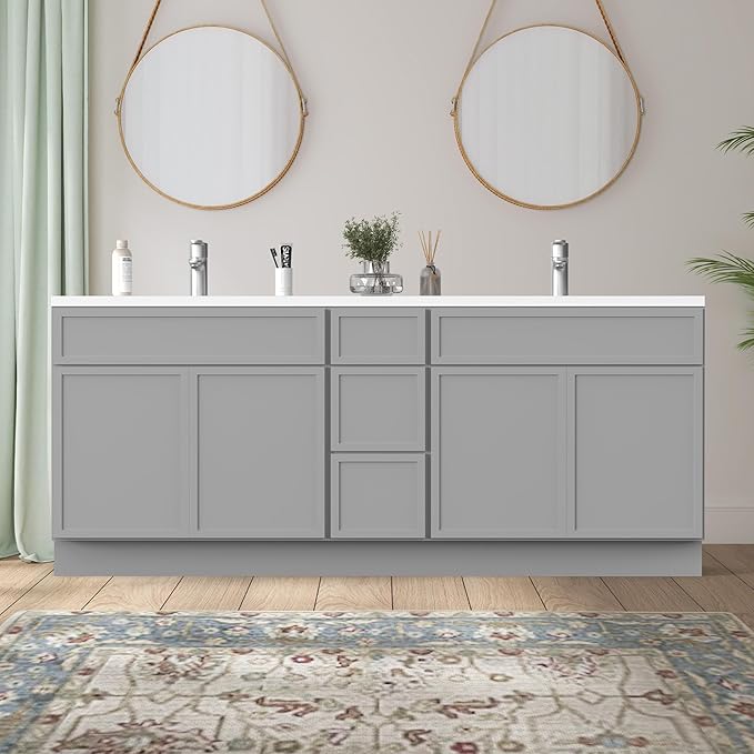 HomeBeyond 72 Inches Bathroom Vanity Base Cabinet Without Sink, Double Sink Top Sturdy Floor Mounted Cabinet with Door & Soft Closing Drawers, Grey, VA4130-2+va4112-3