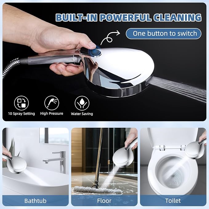 Metal 10" Rain Shower Head with Handheld, High-Pressure Showerhead,10-Mode | Chrome, Rainfall Shower Head with 5" Large Handheld Spray, Adjustable 16" Shower Extension Arm/71" Hose, Brass 3-Way Diverter