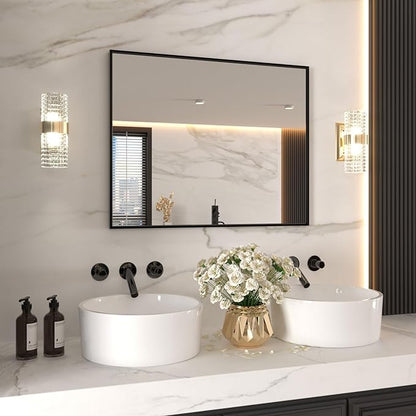 LOAAO 40"X32" Black Rectangle Bathroom Mirror Wall, Matte Black Aluminum Alloy Frame, Tempered Glass, Hangs Vertically or Horizontally, Easy to Install