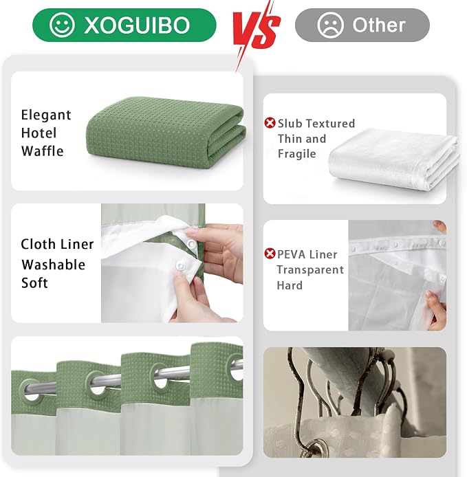 No Hook Shower Curtain with Liner Set Hotel Waffle Curtain Green 72W X 75L | Washable Snap in Fabric Liner, Mesh Top Window, Waffle Hotel Style Shower Curtain Set