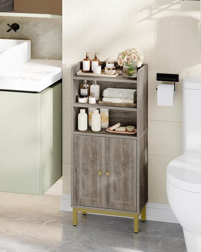 Hzuaneri Bathroom Storage Cabinet, Small Floor Cabinet with 2 Door | Toilet Paper Cabinets, Bathroom Organizer with Adjustable Shelf, for Small Spaces, Greige, Arch Door,7.1" Dx14.6 Wx32.7 H
