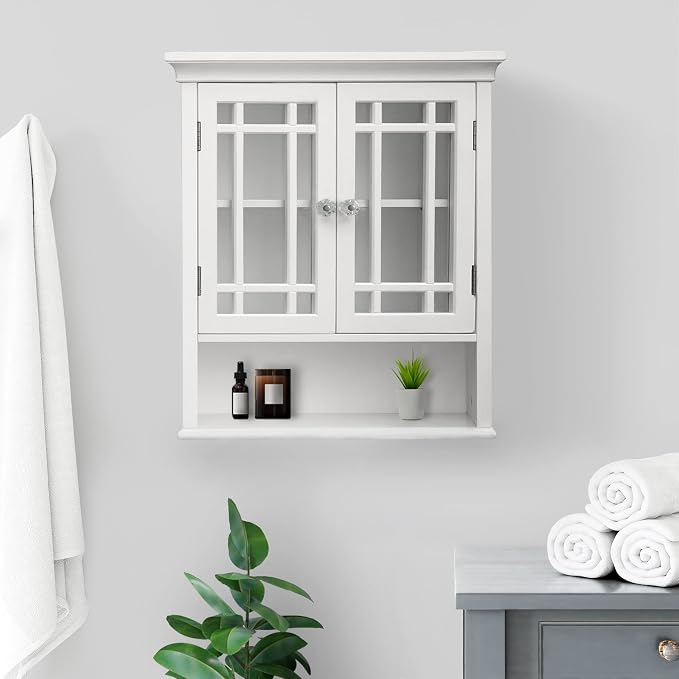 Teamson Home Neal Wooden Over The Toilet Bathroom Removable Wall Medicine Cabinet with 1 Fixed and 1 Adjustable Shelf 3 Storage Spaces 2 Glass Mosaic Doors and Crystal-Cut Acrylic Knobs, White | Detachable Over the Toilet Storage, Two Doors, Adjustable...