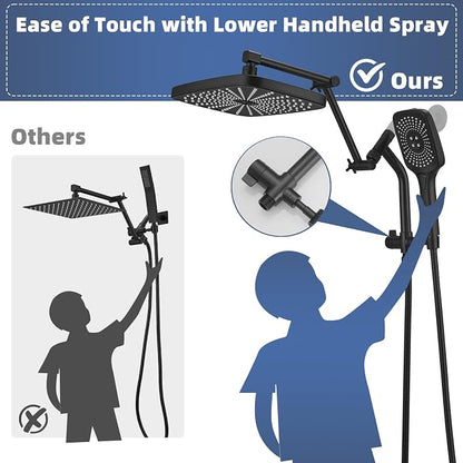 12" High Pressure Rain/Rainfall Shower Heads With Handheld Spray Combo (3+1 Settings & Built-in Power Wash Mode), Double/Dual Shower Head With Handheld - Height/Angle Adjustable(Matte Black)