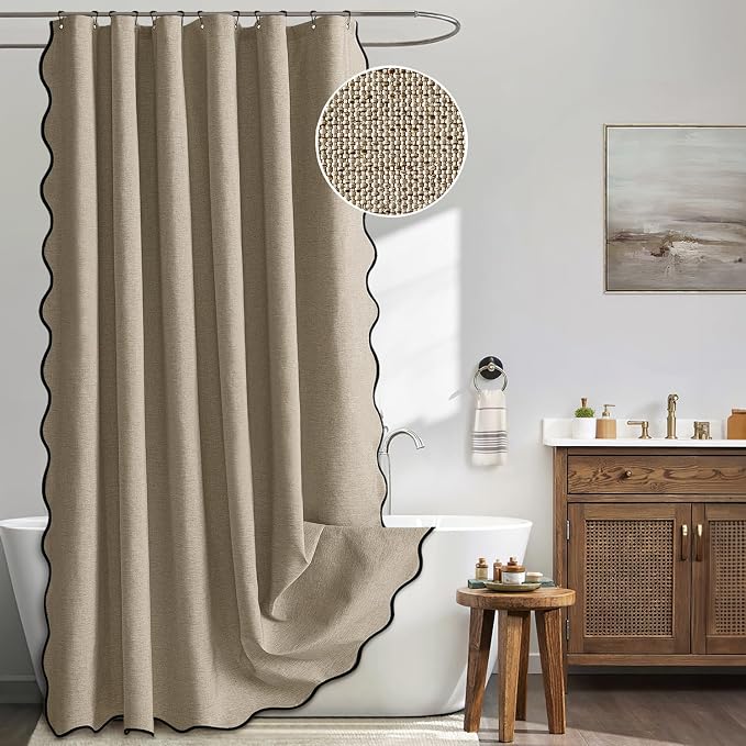 MIULEE 72"x84" Extra Long Scalloped Linen Shower Curtain Khaki | Linen Textured, Waterproof, Washable, 12 Metal Hooks, Heavy Duty Cloth, Black Border, Shower Curtain for Bathroom Bathtub