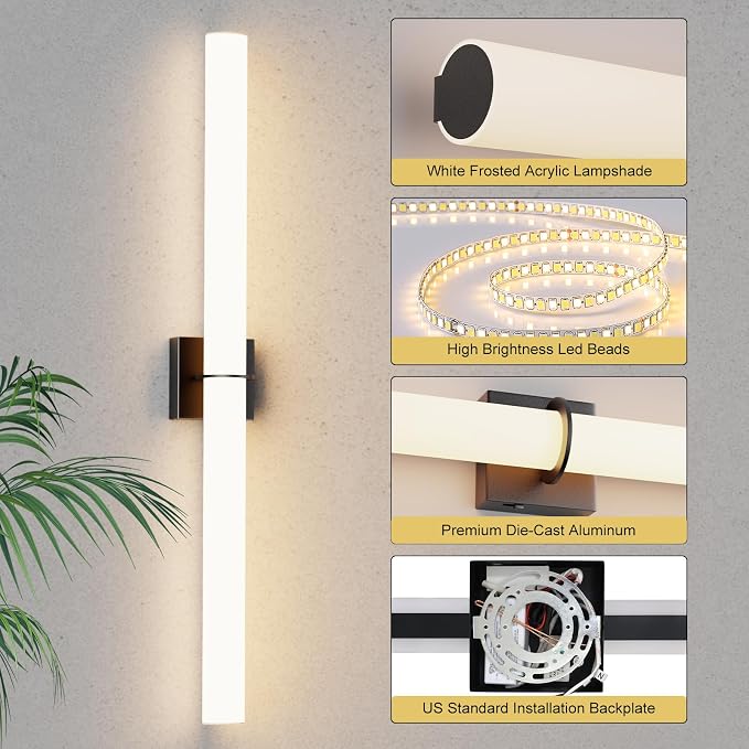 39 Inch 42W Led Bathroom Vanity Light,3000K-6000K Dimmable Vanity Lighting Fixtures with White Acrylic Lampshade,Indoor Hardwired Wall Light Over Mirror for Mirror Restroom(Black,1 Pack)