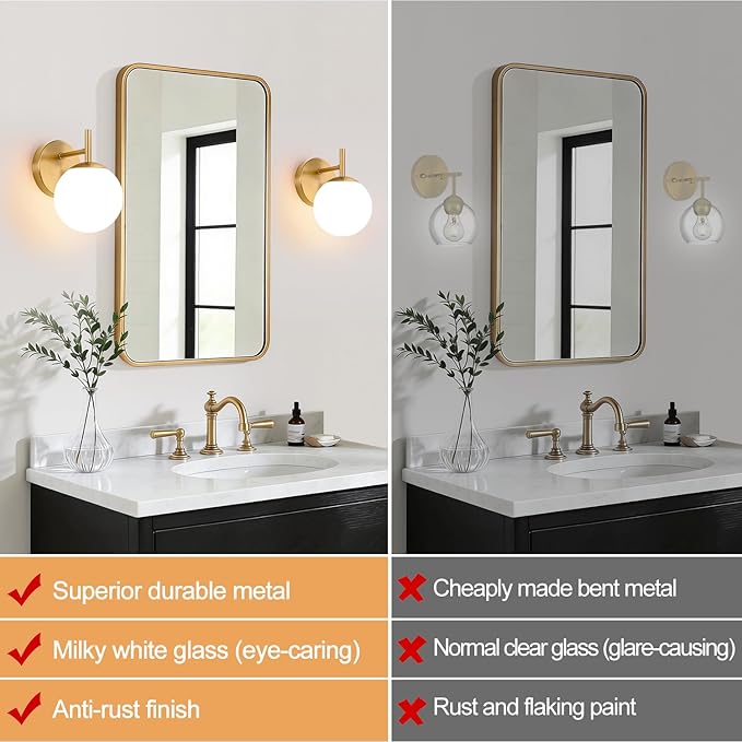 Set of Two Gold Wall Sconces, 2-Pack Brushed Gold Bathroom Light Fixtures with Milky White Globe Glass, Modern Sconces Wall Decor Set of 2 Wall Light for Hallway Bathroom Mirror (Bulb not included)