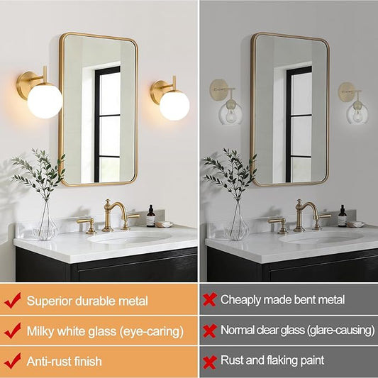 Set of Two Gold Wall Sconces, 2-Pack Brushed Gold Bathroom Light Fixtures with Milky White Globe Glass, Modern Sconces Wall Decor Set of 2 Wall Light for Hallway Bathroom Mirror (Bulb not included)