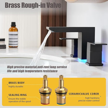 BESy Led 3 Hole Bathroom Sink Faucet, Matte Black Waterfall Widespread Bathroom Faucet with 3 Colors Light Changing, 2 Handle with Supply Lines with Pop Up Drain