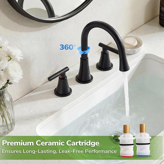 8 Inch Pull Out Sprayer Bathroom Faucet 3 Hole, Widespread 2 Handle Sink Faucet with Pop Up Drain and Supply Lines, Stainless Steel for Vanity, RV, Matte Black