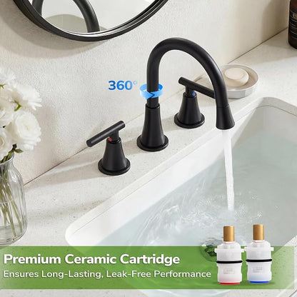 8 Inch Pull Out Sprayer Bathroom Faucet 3 Hole, Widespread 2 Handle Sink Faucet with Pop Up Drain and Supply Lines, Stainless Steel for Vanity, RV, Matte Black