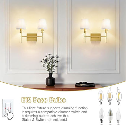 Bathroom Light Fixtures Over Mirror,Brush Brass Vintage Wall Sconces, 2-Light Bathroom Vanity Light With Flared White Fabric Lampshade For Bedroom,Living Room,Hallway,Foyer,Hardwired, E12 Base