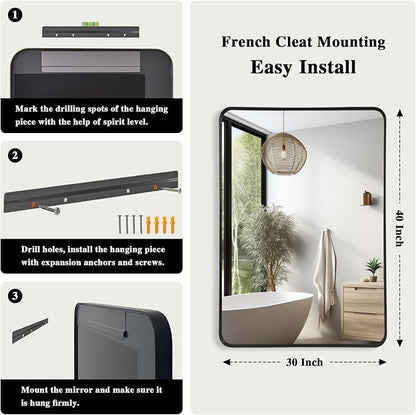 Anpark Wall Mirror 30" x 40" for Bathroom Black Metal Deep Frame Mirror for Wall Decorative Rectangular Round Corner Wall Mounted Vanity Mirror for Bedroom Living Room Entryway Wall Decor