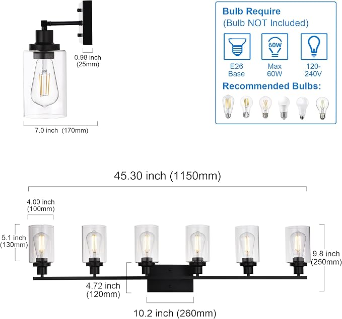 MELUCEE Black Vanity Light Fixture 6-Light with Clear Glass Shade | Industrial Metal Wall Sconce Bathroom Lighting for Bedroom Hallway Kitchen,(Patent No.: US D963914 S)