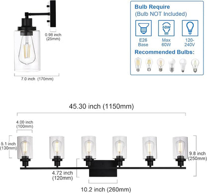 MELUCEE Black Vanity Light Fixture 6-Light with Clear Glass Shade | Industrial Metal Wall Sconce Bathroom Lighting for Bedroom Hallway Kitchen,(Patent No.: US D963914 S)