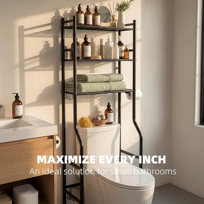 3-Tier Over Toilet Storage with Anti-Tilt Safety System - 150lb Total Capacity Metal Bathroom Shelves Including Paper Holder & 4 Hooks, Space Saving Above Commode Organizer (64" H, Black)