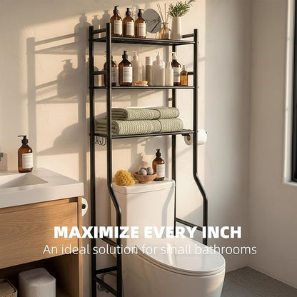 3-Tier Over Toilet Storage with Anti-Tilt Safety System - 150lb Total Capacity Metal Bathroom Shelves Including Paper Holder & 4 Hooks, Space Saving Above Commode Organizer (64" H, Black)