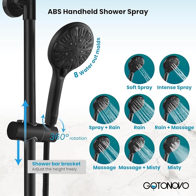 gotonovo Exposed Shower Faucet System 8 Inch Rainfall Shower Head with 8 Function ABS Handheld and Double Cross Handle Wall Mounted Bathroom Luxury Mixer Shower Horizontal Faucet Body Matte Black
