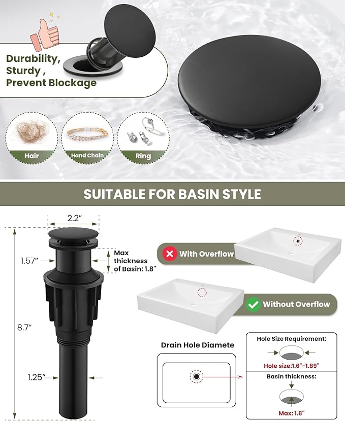gotonovo Vessel Sink Faucet Single Handle Tall Bathroom Faucet One Hole Modern Lavatory Vanity Basin Mixer Tap Matching Supply Hoses and Pop up Drain Without Overflow, Matte Black