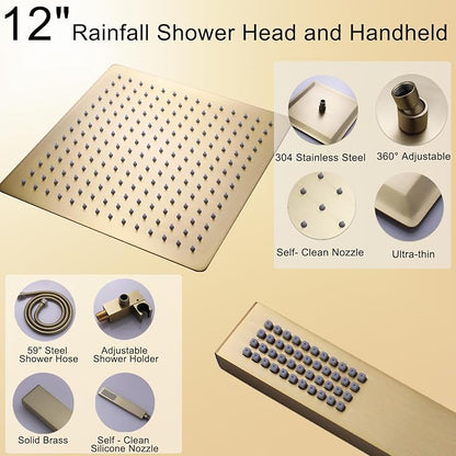 Dual Shower Heads Shower System with 12 Inch Ceiling Rainfall Shower Head and 8 Inch Side Shower Head Digital Display Shower Fixtures Luxury Shower Faucet Set,Brushed Gold