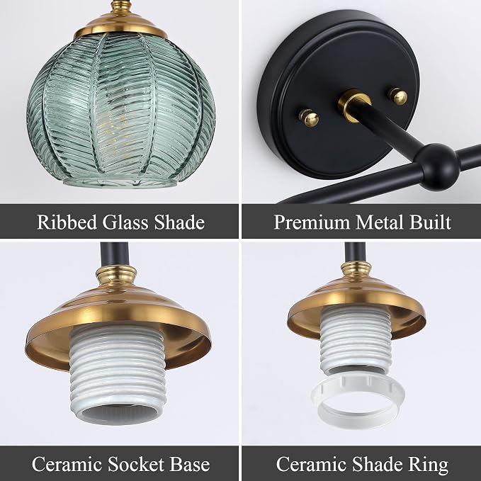 Mecgirn Bathroom Vanity Light Fixtures, 3-Light Green Glass Shade, Modern Black and Gold Wall Sconce, Unique Textured Leaf Pattern, Ceramic E26 Sockets Wall Mounted for Mirror, Cabinet, Hallway