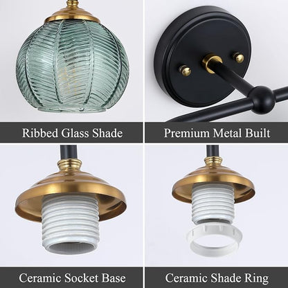 Mecgirn Bathroom Vanity Light Fixtures, 3-Light Green Glass Shade, Modern Black and Gold Wall Sconce, Unique Textured Leaf Pattern, Ceramic E26 Sockets Wall Mounted for Mirror, Cabinet, Hallway
